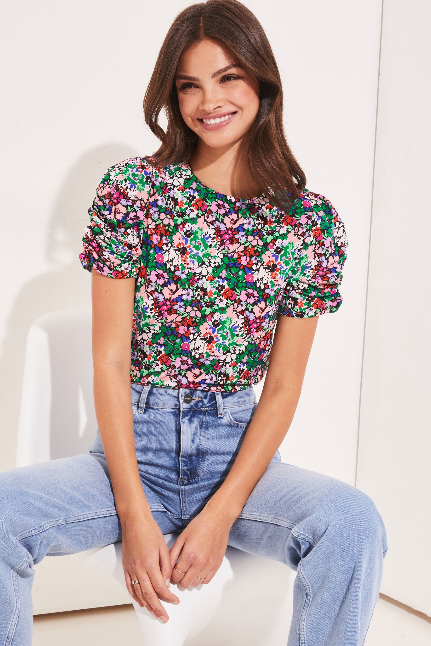 Buy Lipsy Pink Ditsy Floral Ruched Sleeve Top from the Next UK online shop