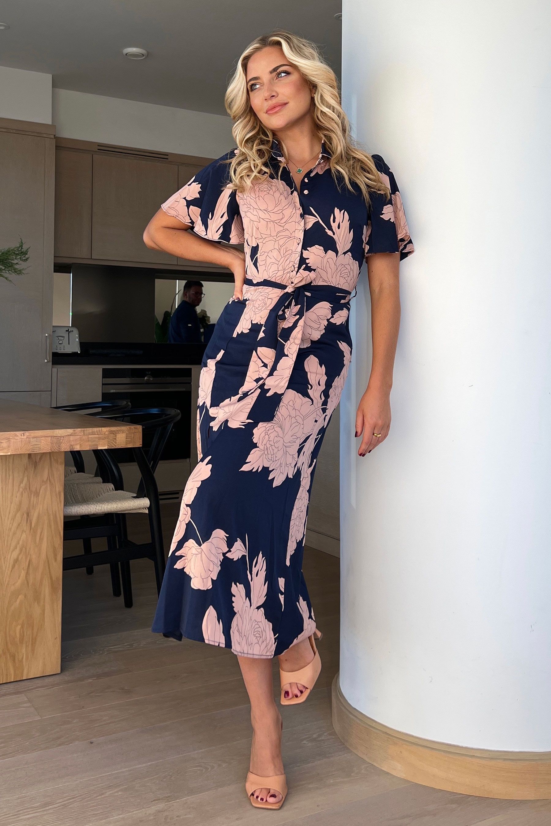 Buy Girl In Mind Navy Blue Floral Petite Roxana Belted Shirt Dress from