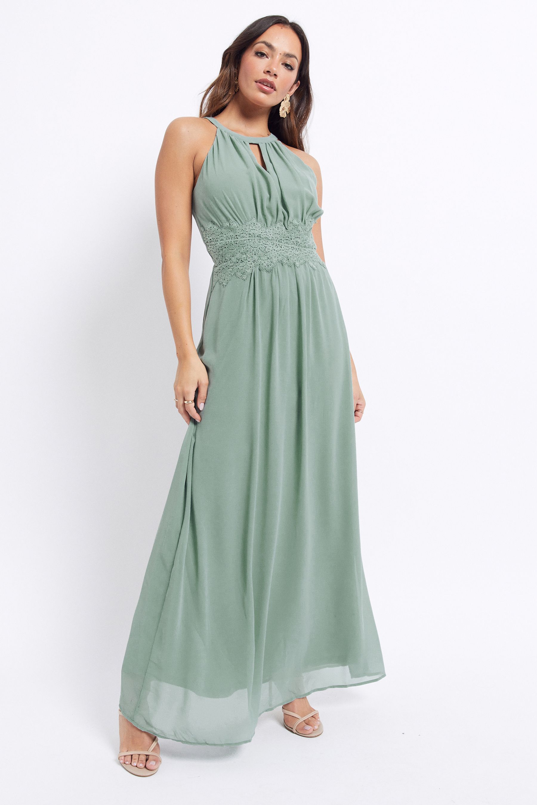 Buy Vila Sage Green Halter Neck Tulle Maxi Dress from the Next UK