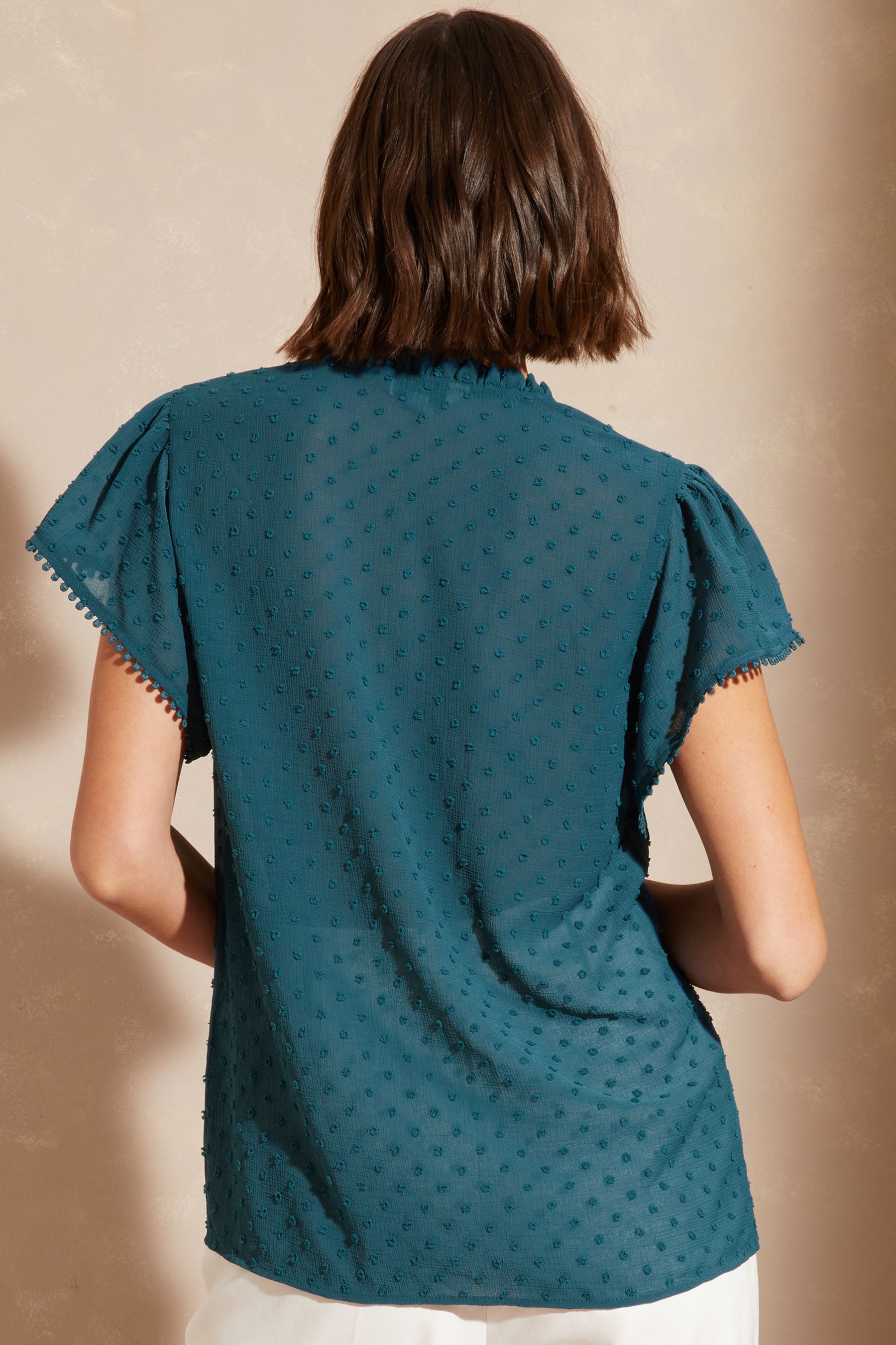 Buy Love & Roses Teal Dobby Spot Ruffle V Neck Flutter Sleeve Blouse ...