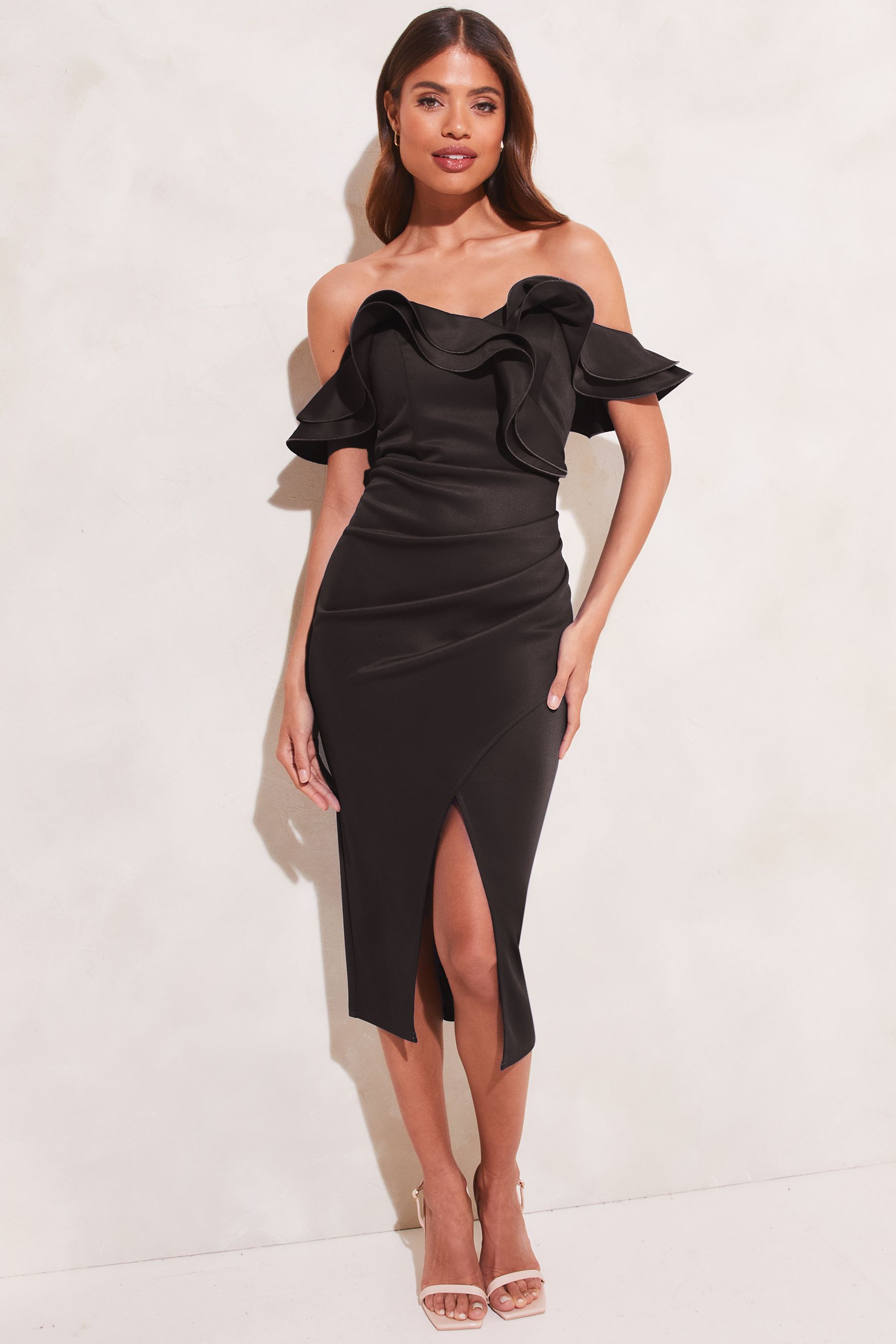 Buy Lipsy Black Ruffle Bardot Split Wrap Midi Dress from Next Ireland