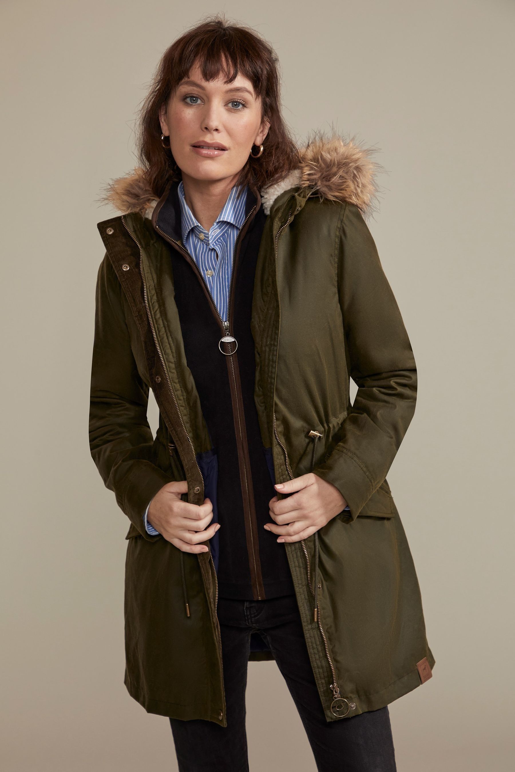 Buy Hinter + Hobart Khaki Green Stirling Womens Waxed Cotton Parka from