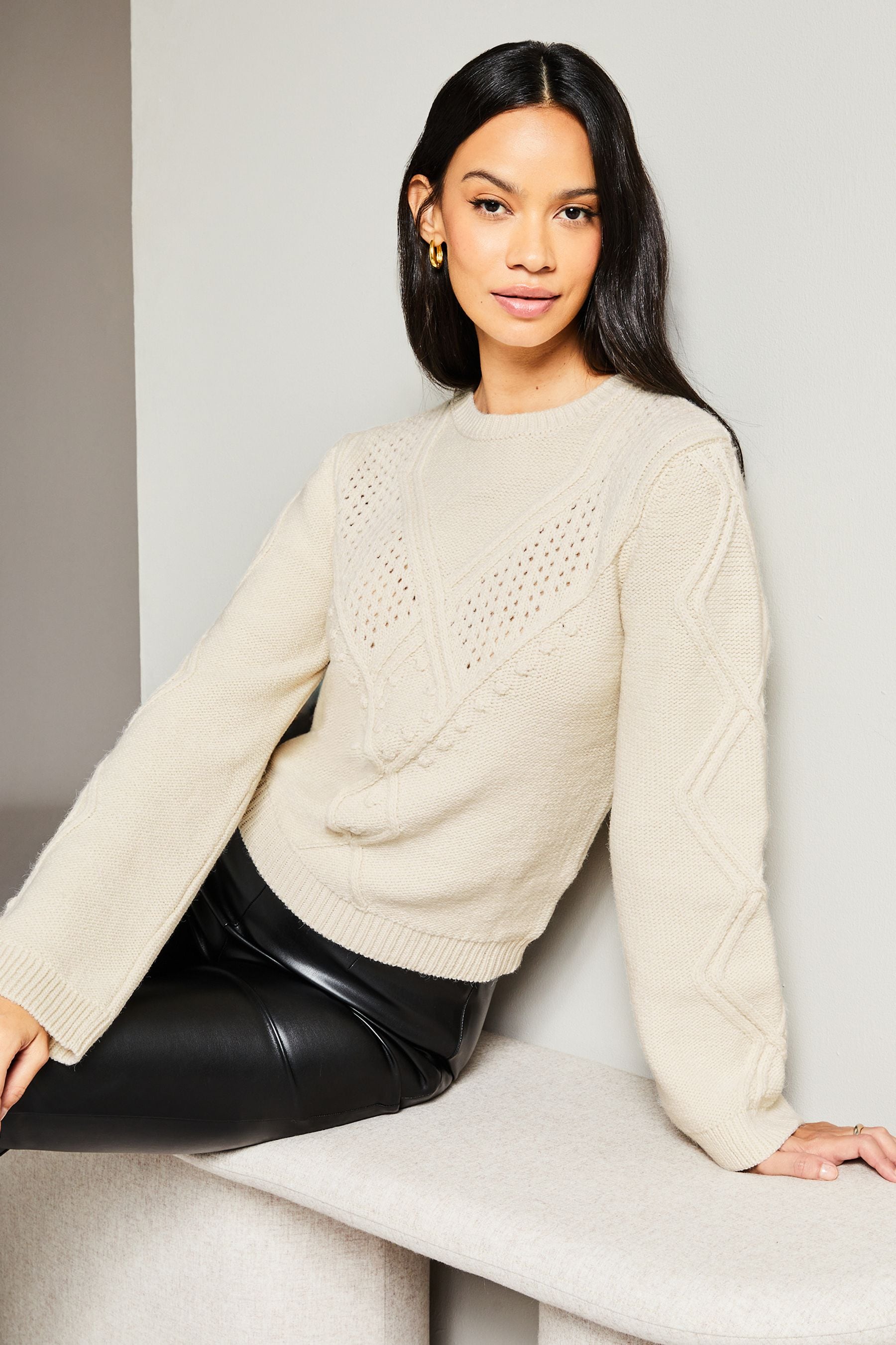Buy Lipsy Ivory White Petite Stitch Mix Wide Sleeve Knitted Jumper from the Next UK online shop