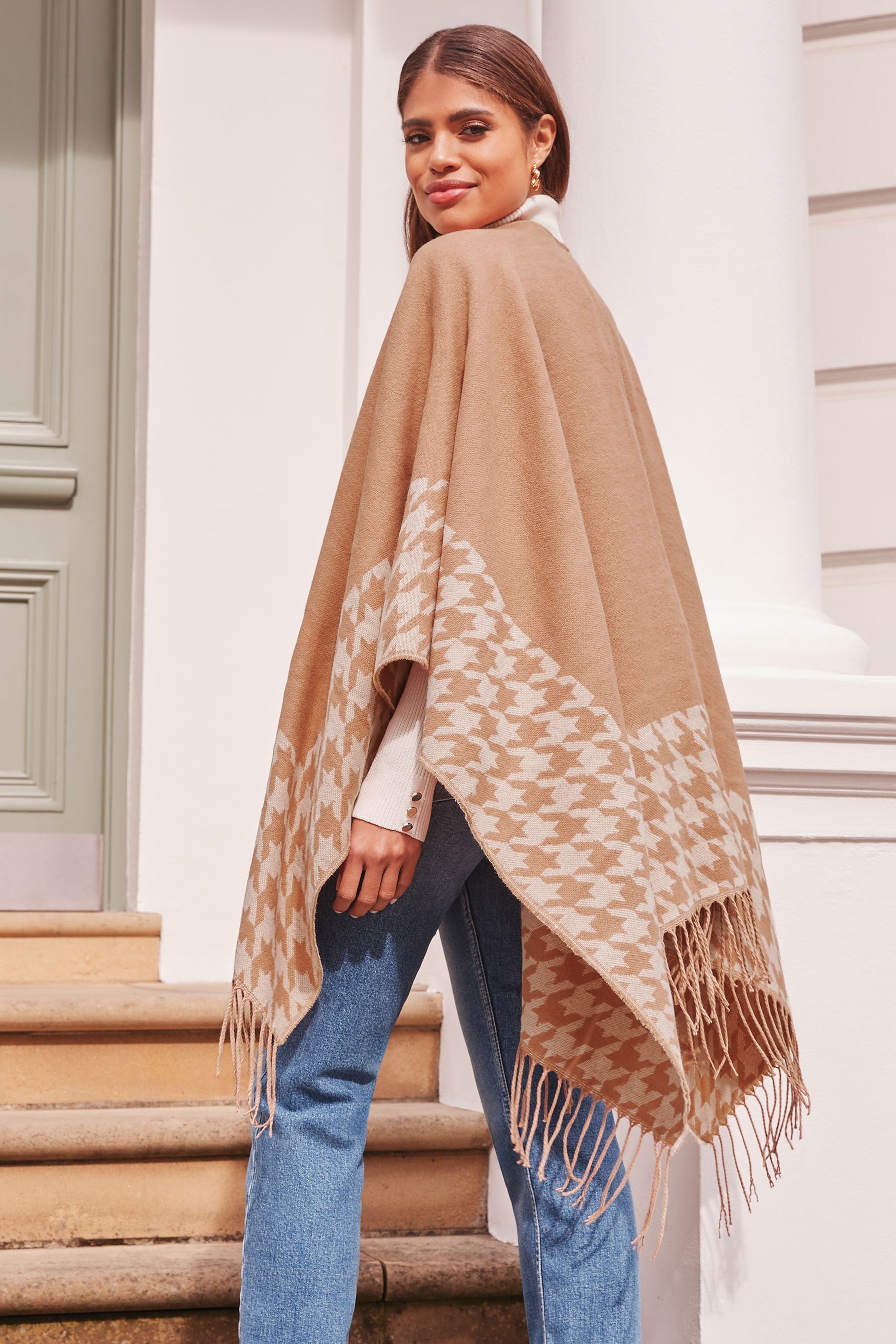 Buy Lipsy Camel Super Soft Cosy Dogtooth Printed Cape from Next United