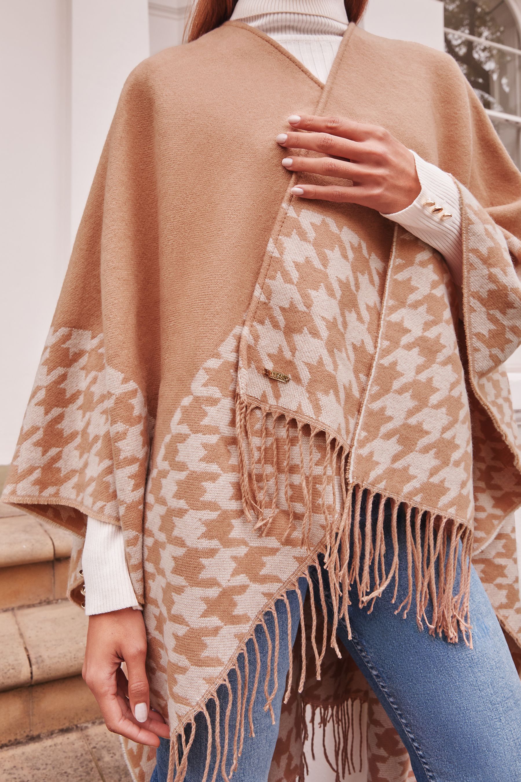 Buy Lipsy Camel Super Soft Cosy Dogtooth Printed Cape from Next United