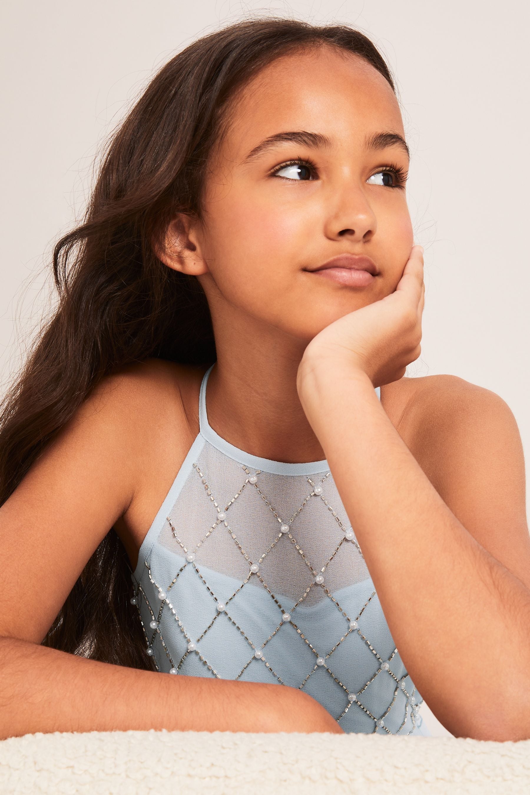 Buy Lipsy Light Blue Strap Maxi Pearl Occasion Dress (716yrs) from the