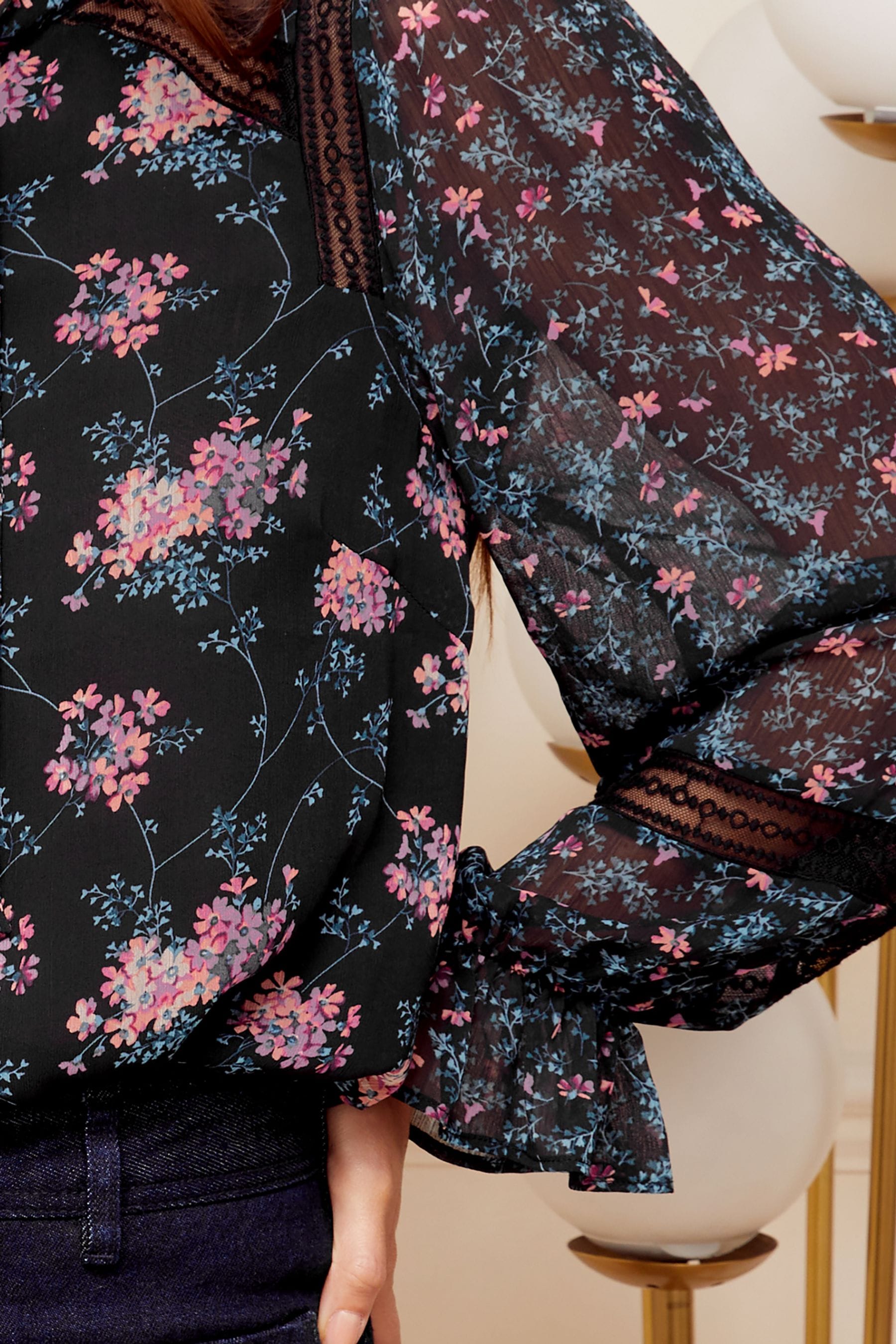 Buy Love & Roses Black Patched Floral Long Sleeve Tie Neck Shirred Cuff ... image.