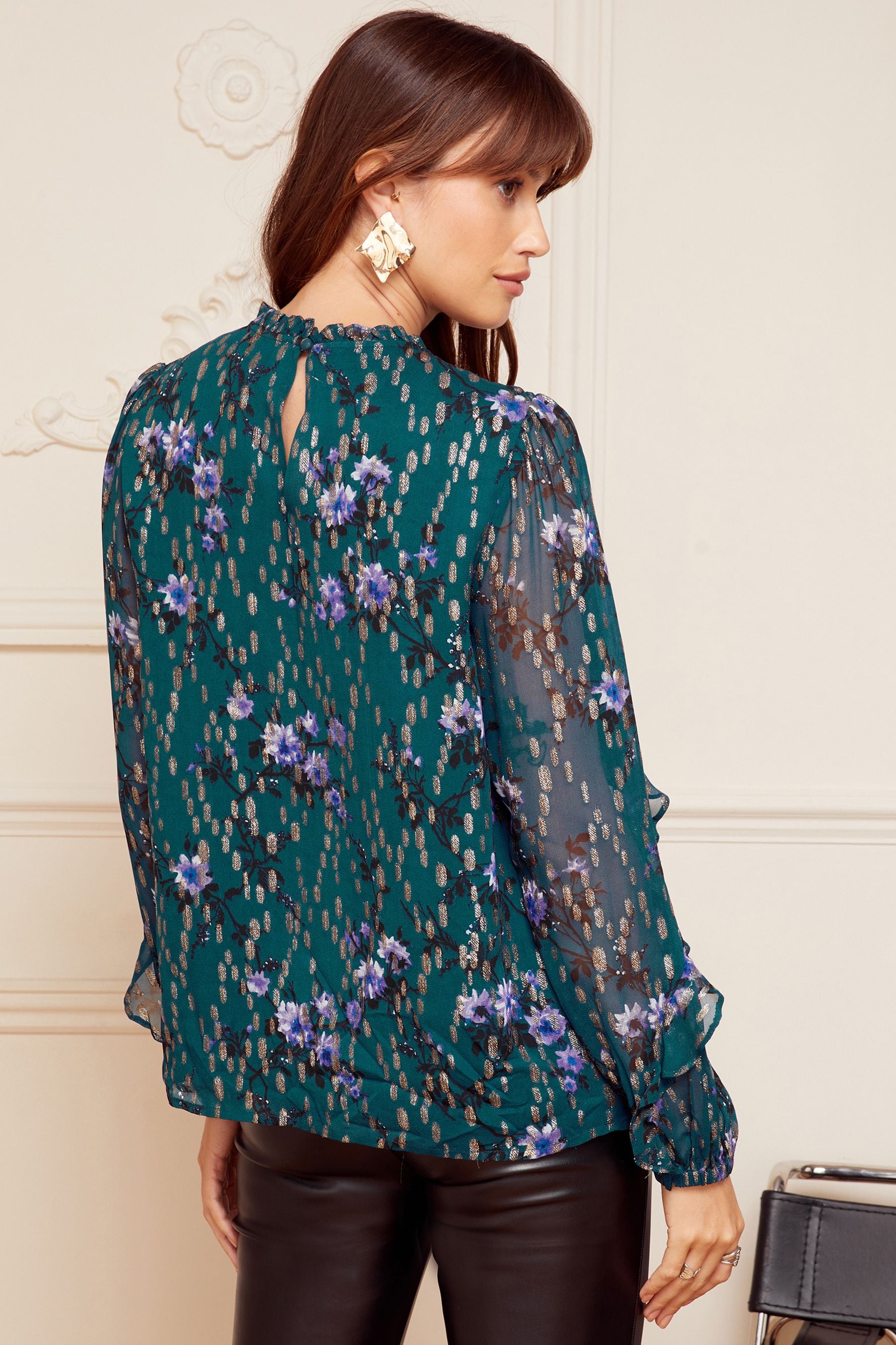 Buy Love And Roses Teal Blue Floral Long Ruffle Sleeve High Neck Blouse From Next Ireland 6724