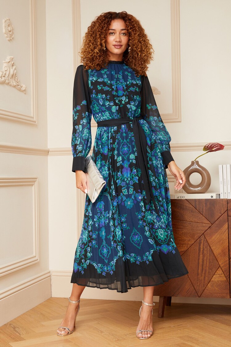 Love & Roses Black and Blue Petite Printed Belted Pleated Long Sleeve Midi Dress - Image 1 of 1