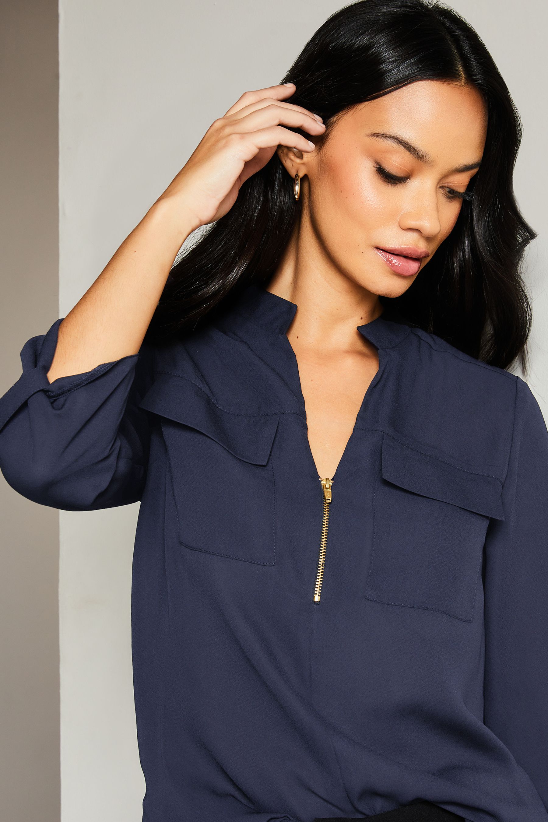 Buy Lipsy Navy Blue Zip Front Utility Pocket Blouse from Next Ireland