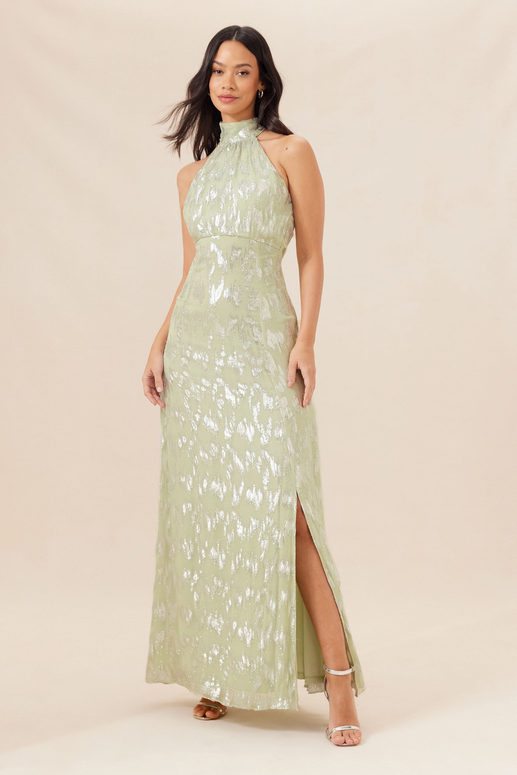 Buy Lipsy Sage Green Bridesmaid Halter Metallic Split Maxi Dress from