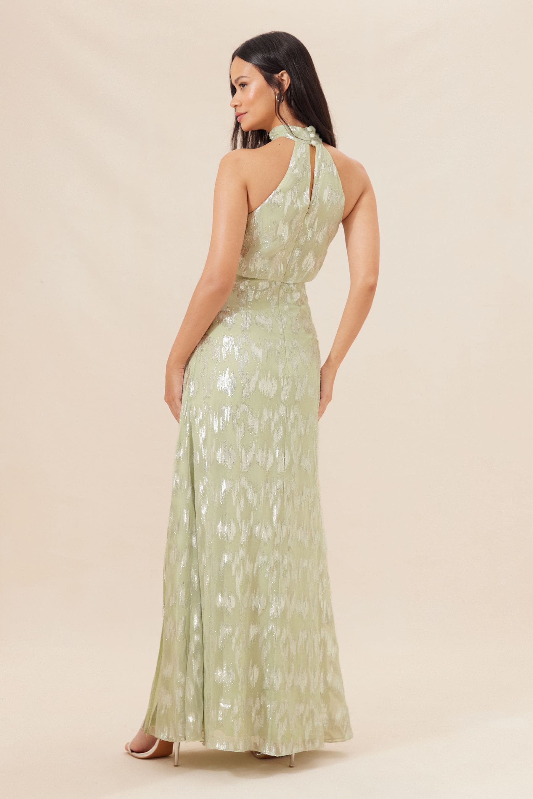Buy Lipsy Sage Green Bridesmaid Halter Metallic Split Maxi Dress from