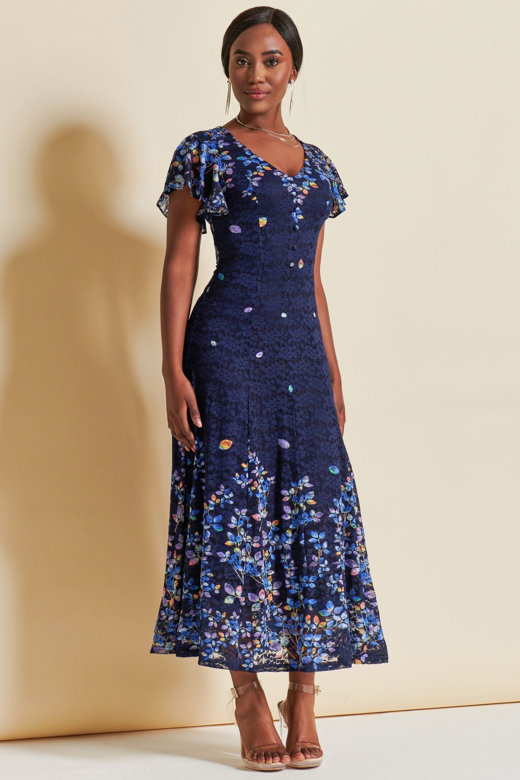 Buy Jolie Moi Blue Mirrored Print Lace Maxi Dress from the Next UK