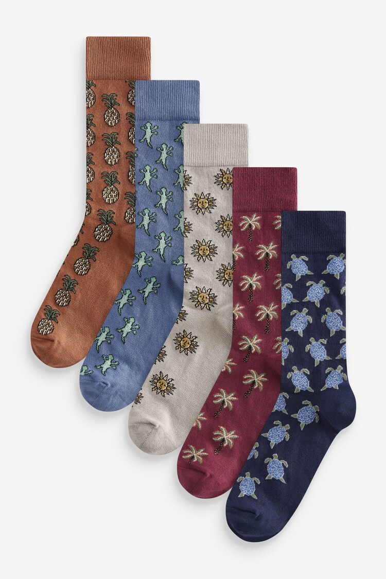 Navy Blue/Orange Animal Fun Pattern Socks 5 Pack - Image 1 of 1