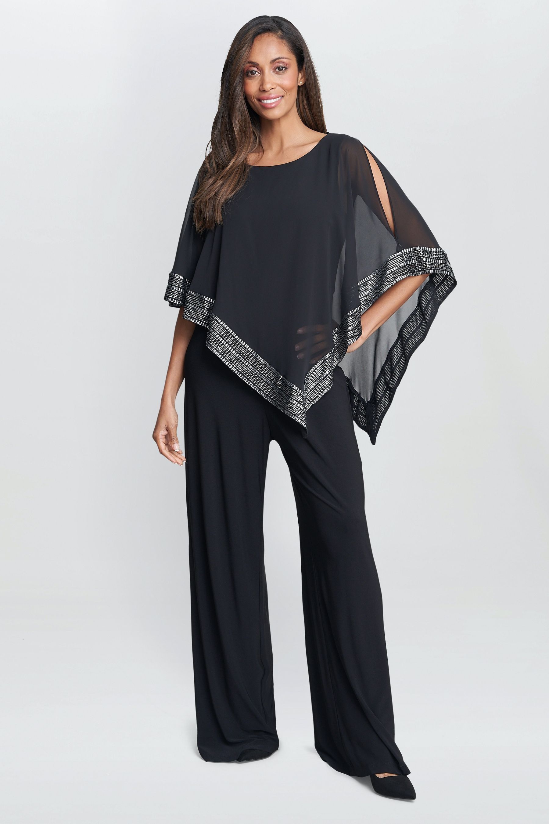 Buy Gina Bacconi Black Eve Asymmetrical Cape Jumpsuit With Foil Trim ...