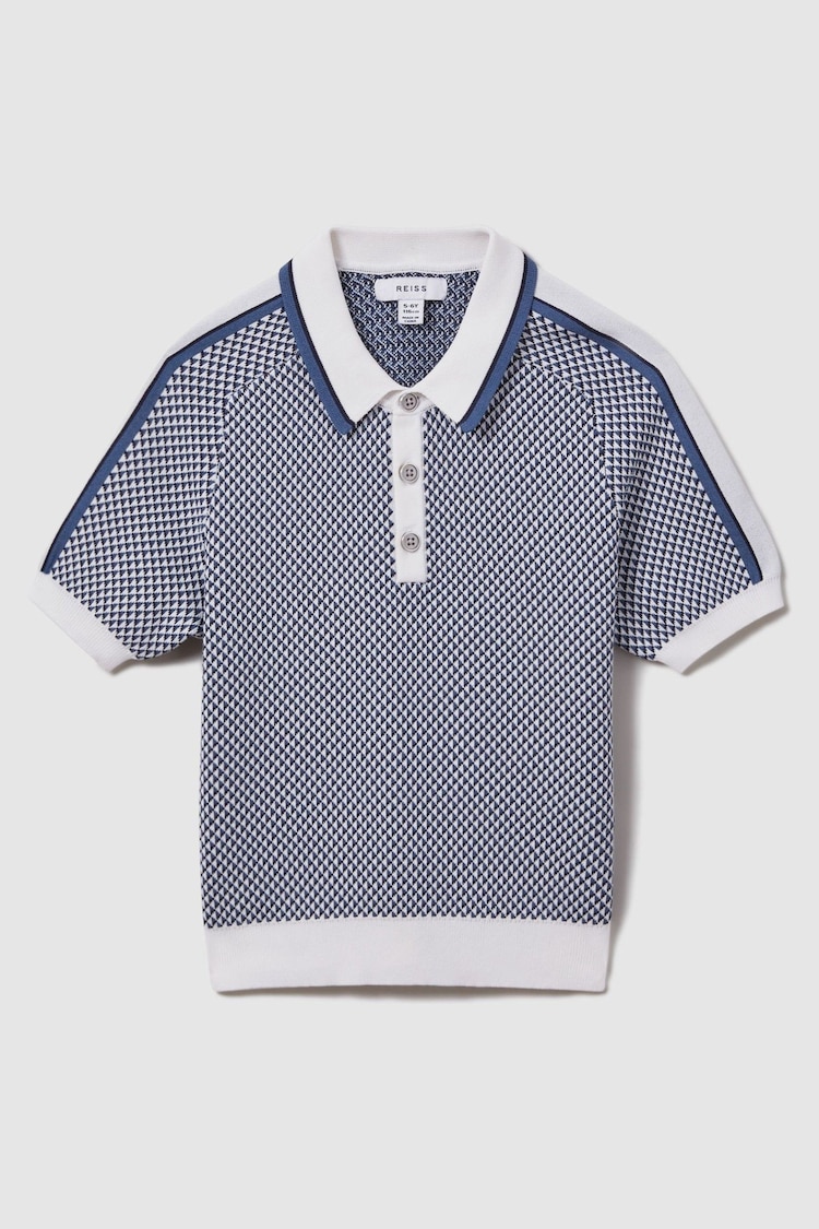 Reiss Blue Brunswick Junior Geometric Design Knitted Polo Shirt - Image 1 of 1