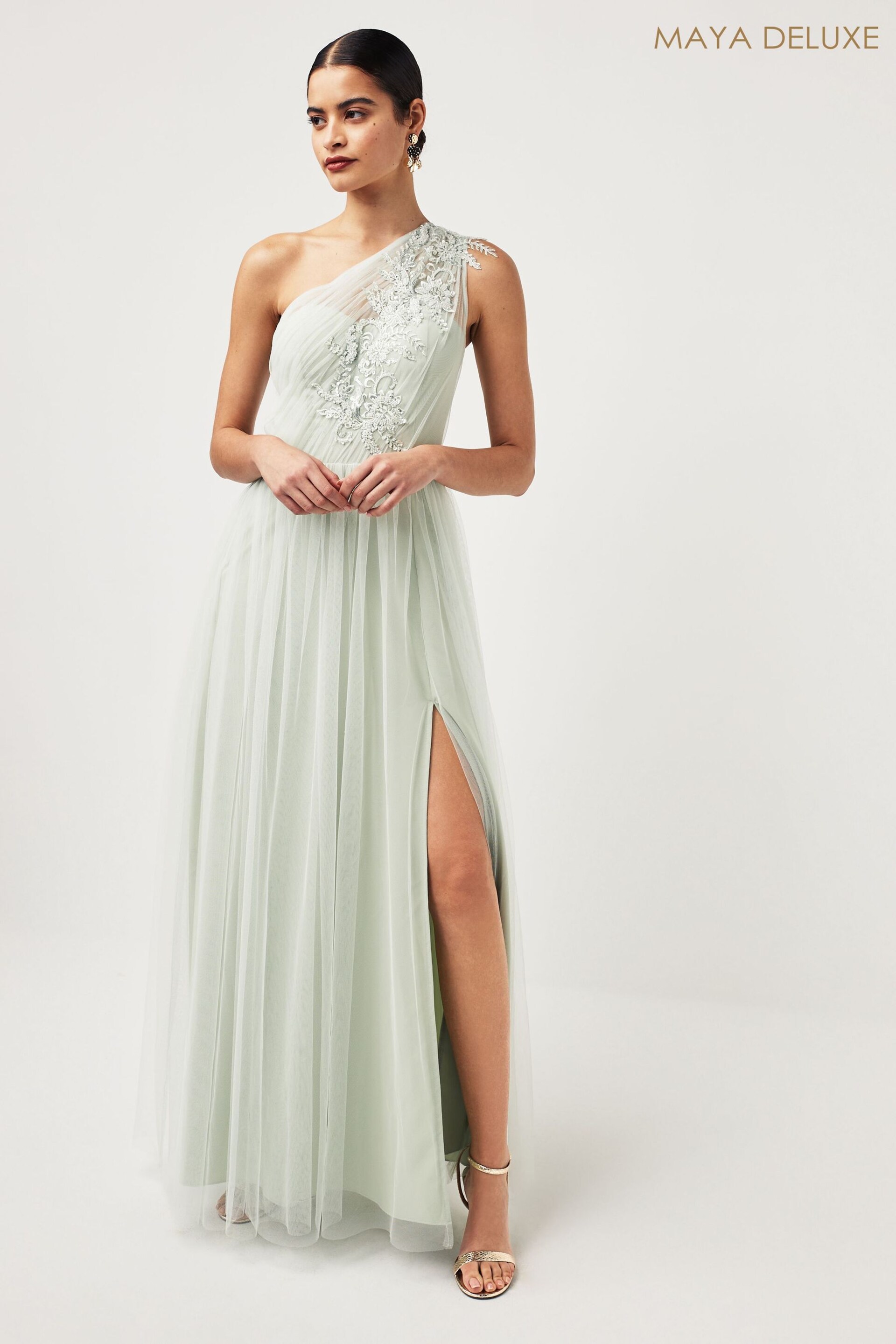 Maya Light Green One Shoulder Tulle Maxi Dress With Embellished Motif - Image 1 of 1