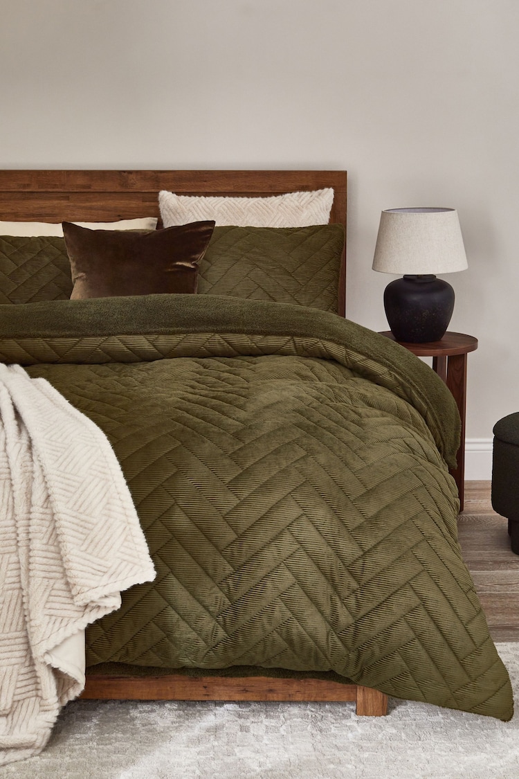 Green Cord Fleece Quilted 4 Tog Duvet Cover and Pillowcase Set - Image 1 of 1