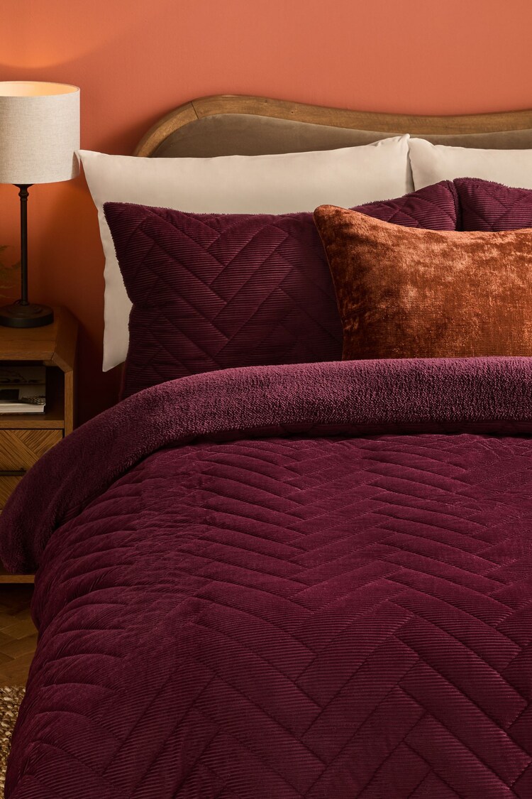 Red Burgundy Cord Fleece Quilted 4 Tog Duvet Cover and Pillowcase Set - Image 1 of 1