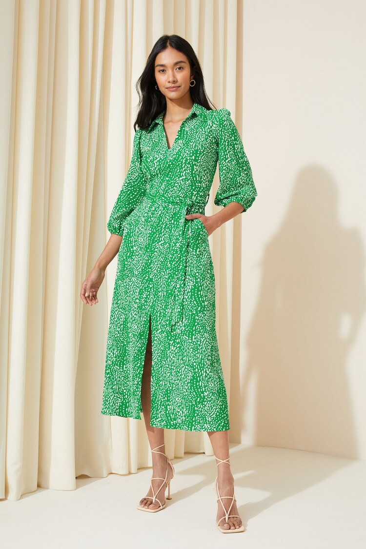 Friends Like These Green V Neck Jersey Belted Midi Shirt Dress - Image 1 of 1