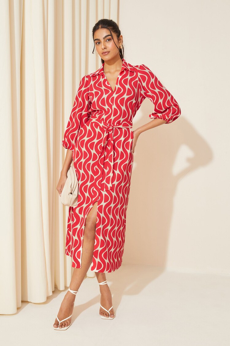 Friends Like These Red V Neck Jersey Belted Midi Shirt Dress - Image 1 of 1