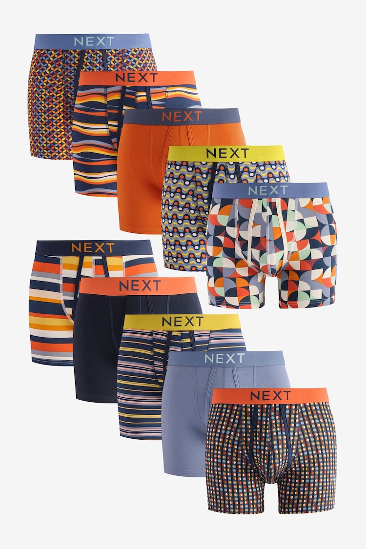 Navy Blue/Orange Spot/Stripe 10 pack A-Front Boxers - Image 1 of 1