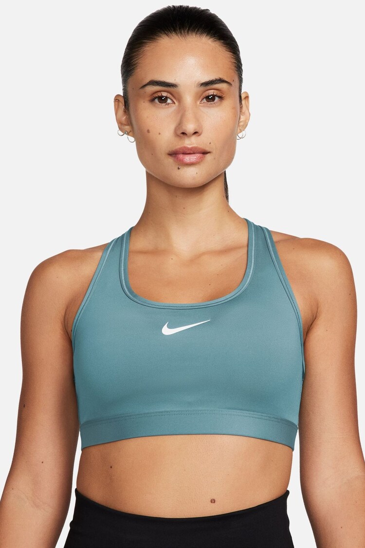 Nike Denim Turquoise Swoosh Medium Support Padded Sports Bra - Image 1 of 1