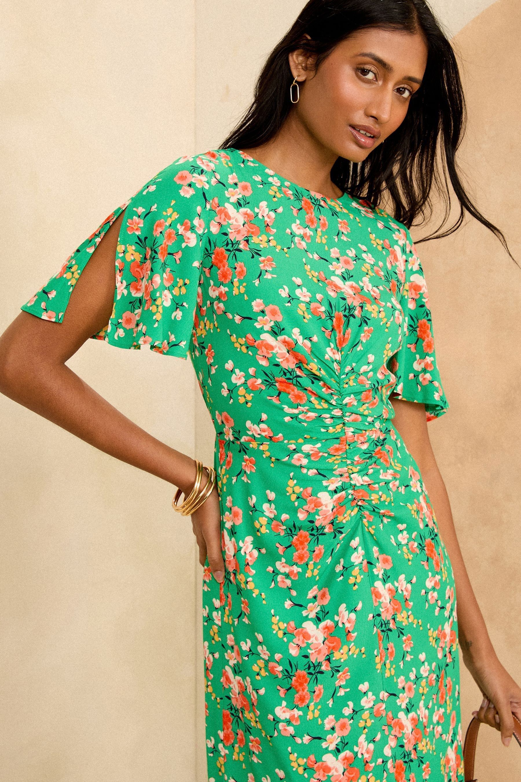 Buy Love & Roses Green Floral Ruched Flutter Sleeve Midi Dress from ...