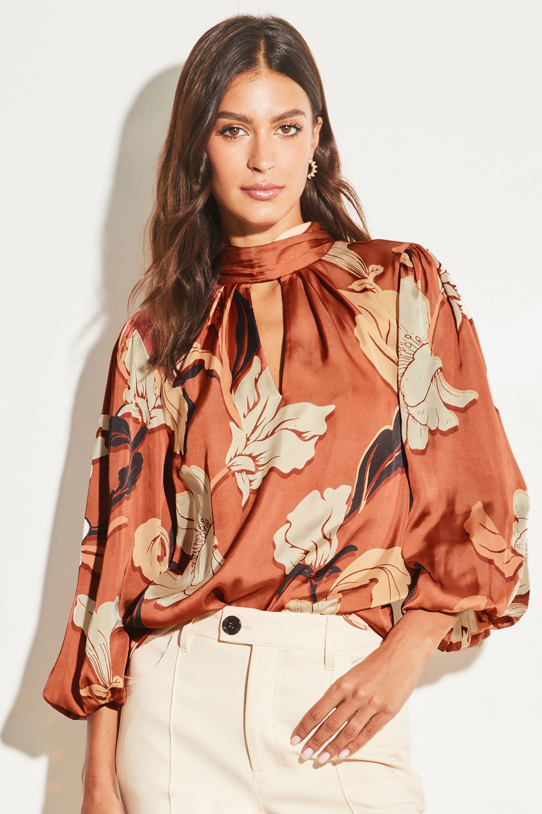 Buy Lipsy Rust Petite Puff 3/4 Sleeve High Neck Keyhole Top from Next