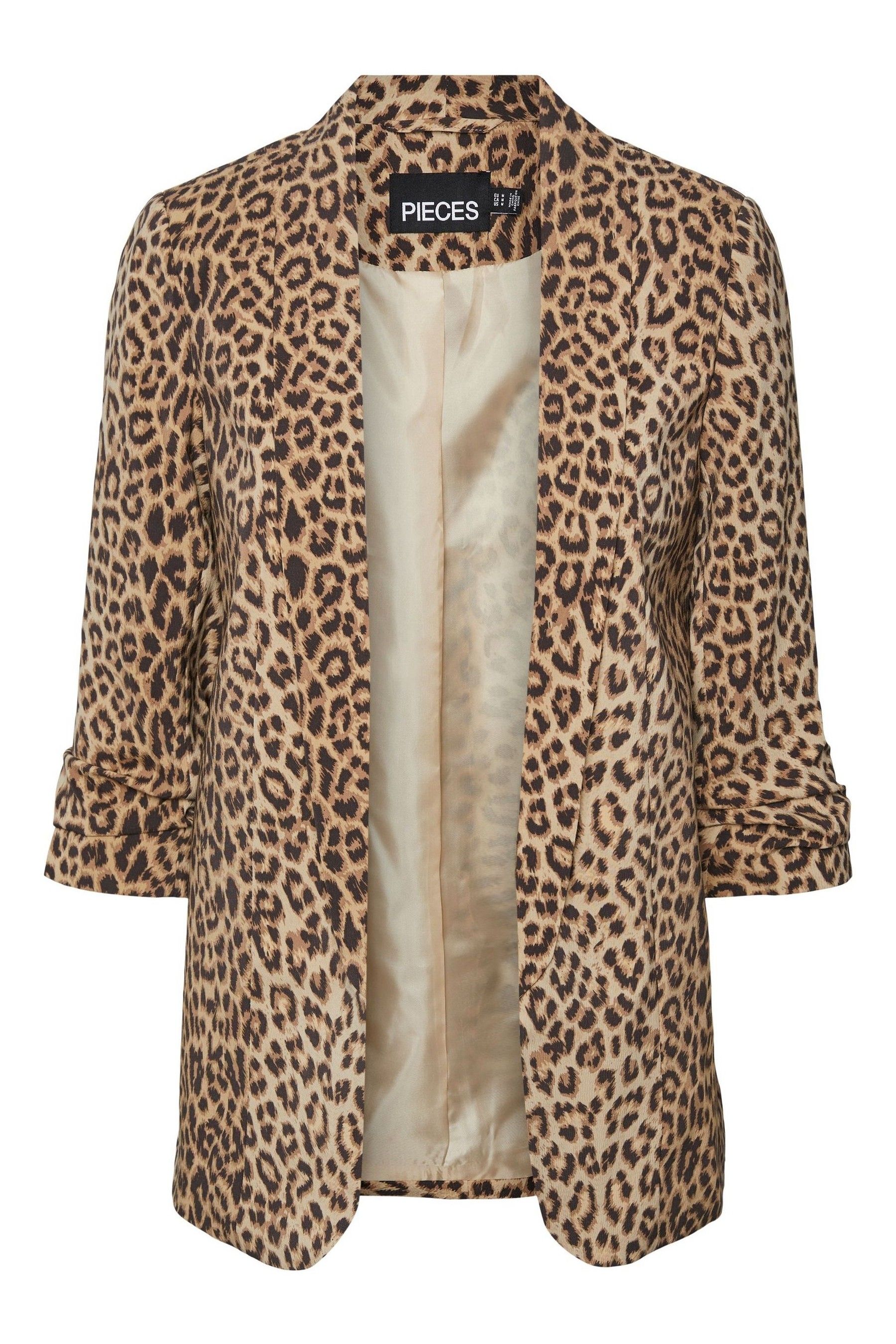 Buy Pieces Leopard Print Relaxed Ruched Sleeve Workwear Blazer from the ...