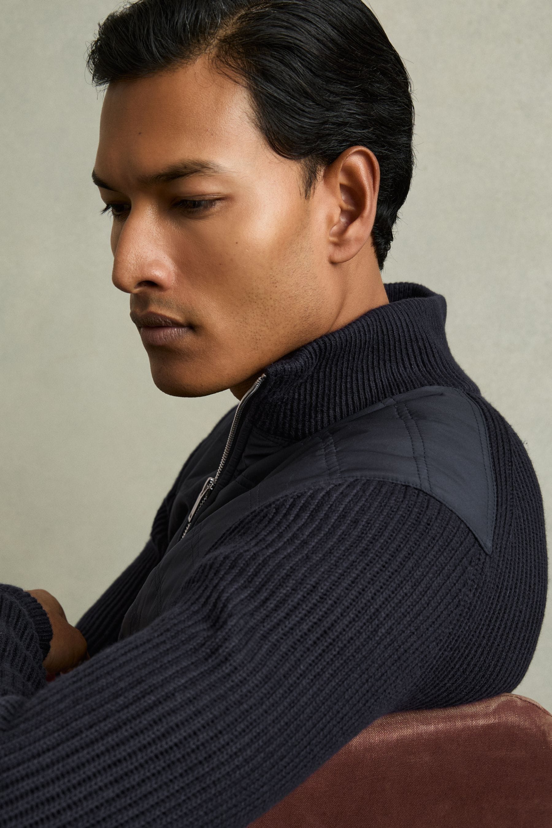 Buy Reiss Navy Trainer Hybrid Quilt and Knit ZipThrough Jacket from