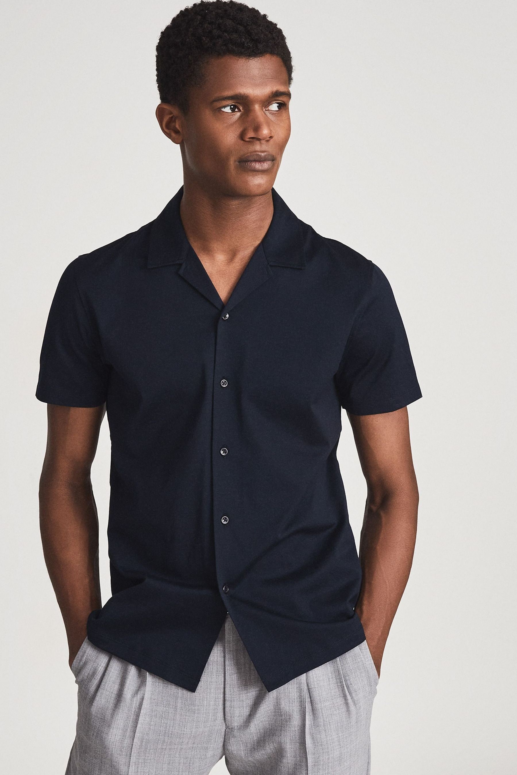 Buy Reiss Blue Caspa Mercerised Cotton Cuban Collar Jersey Shirt from ...