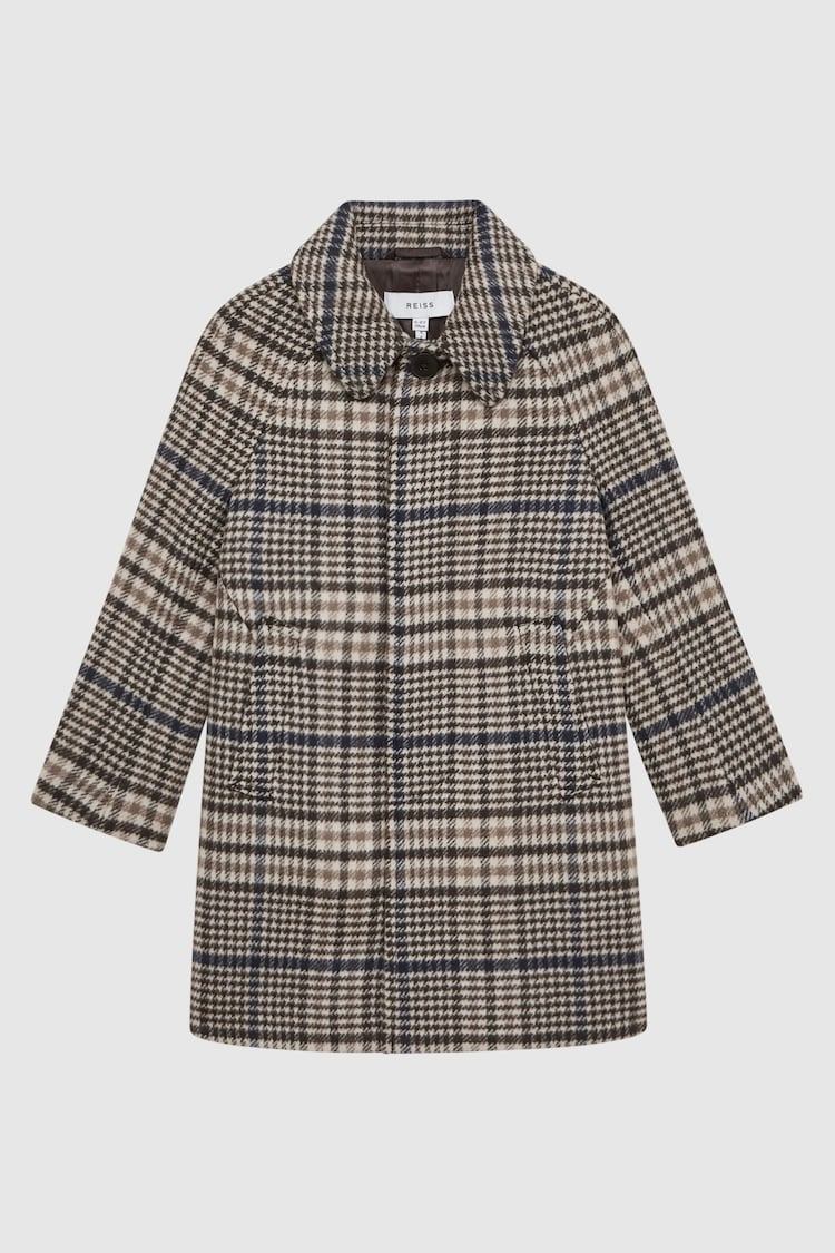 Reiss Brown Check Jojo Junior Single Breasted Raglan Overcoat - Image 1 of 1