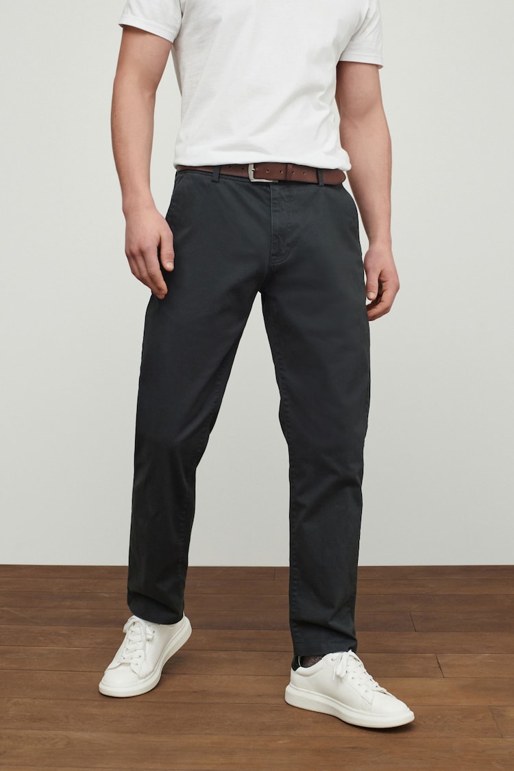 Charcoal Grey Straight Fit Belted Soft Touch Chino Trousers - Image 1 of 1