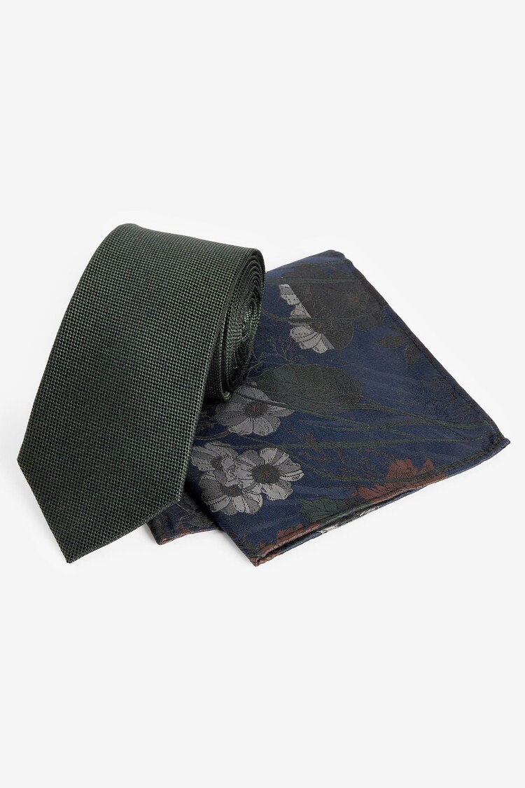 Forest Green/Navy Blue Floral Silk Tie And Pocket Square Set - Image 1 of 1