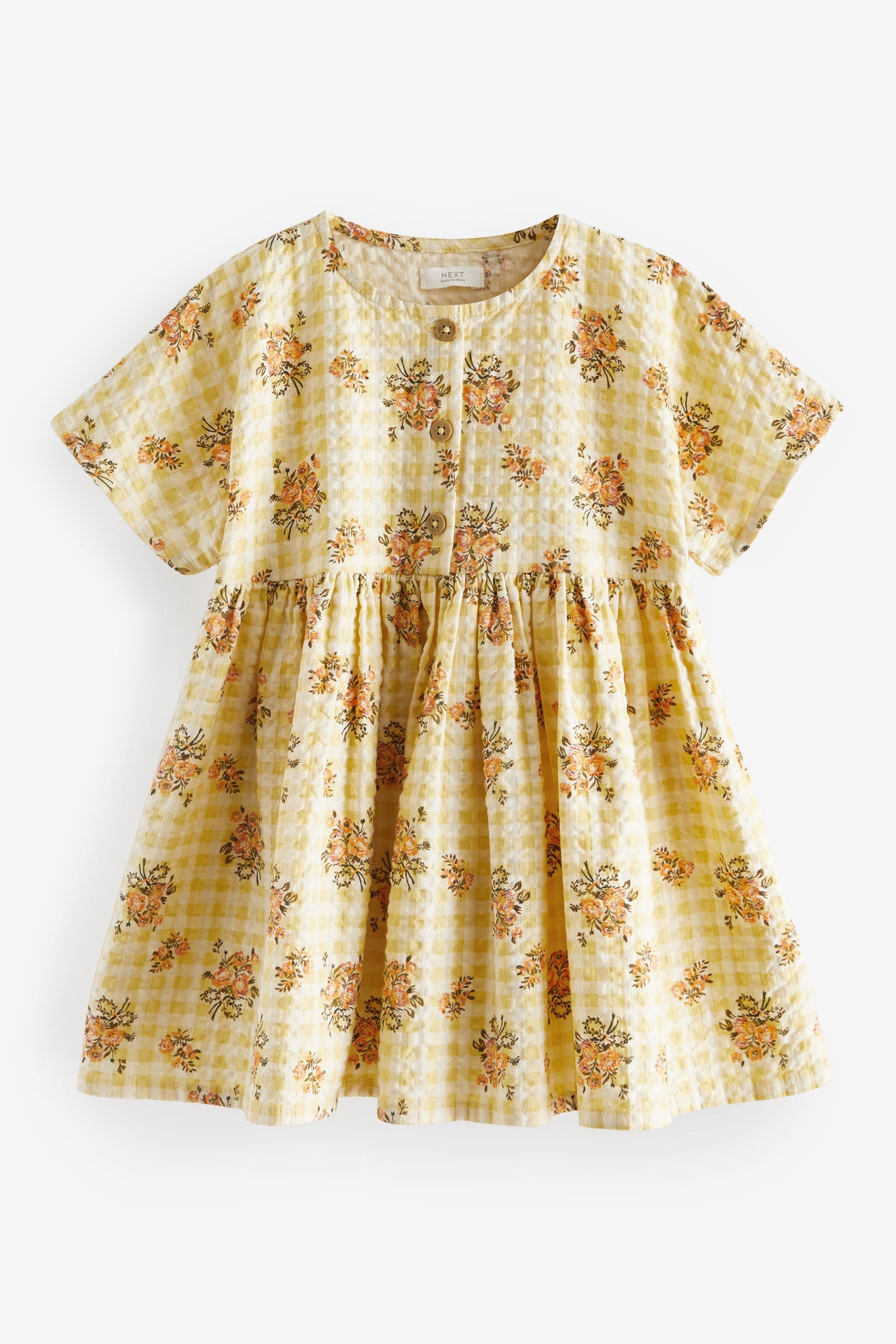 Buy Yellow Floral Gingham Relaxed Cotton Dress (3mths-8yrs) from the ...