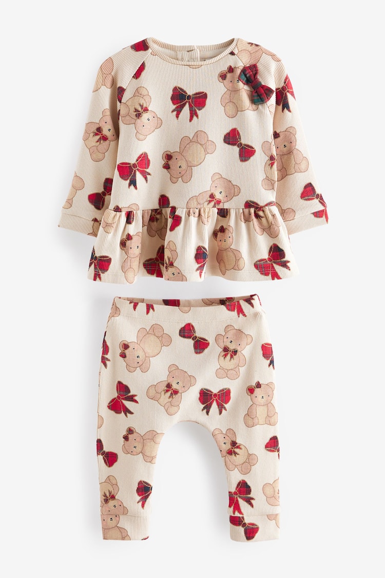 Cream Tartan Bow Bear Baby Top And Leggings Set - Image 1 of 1