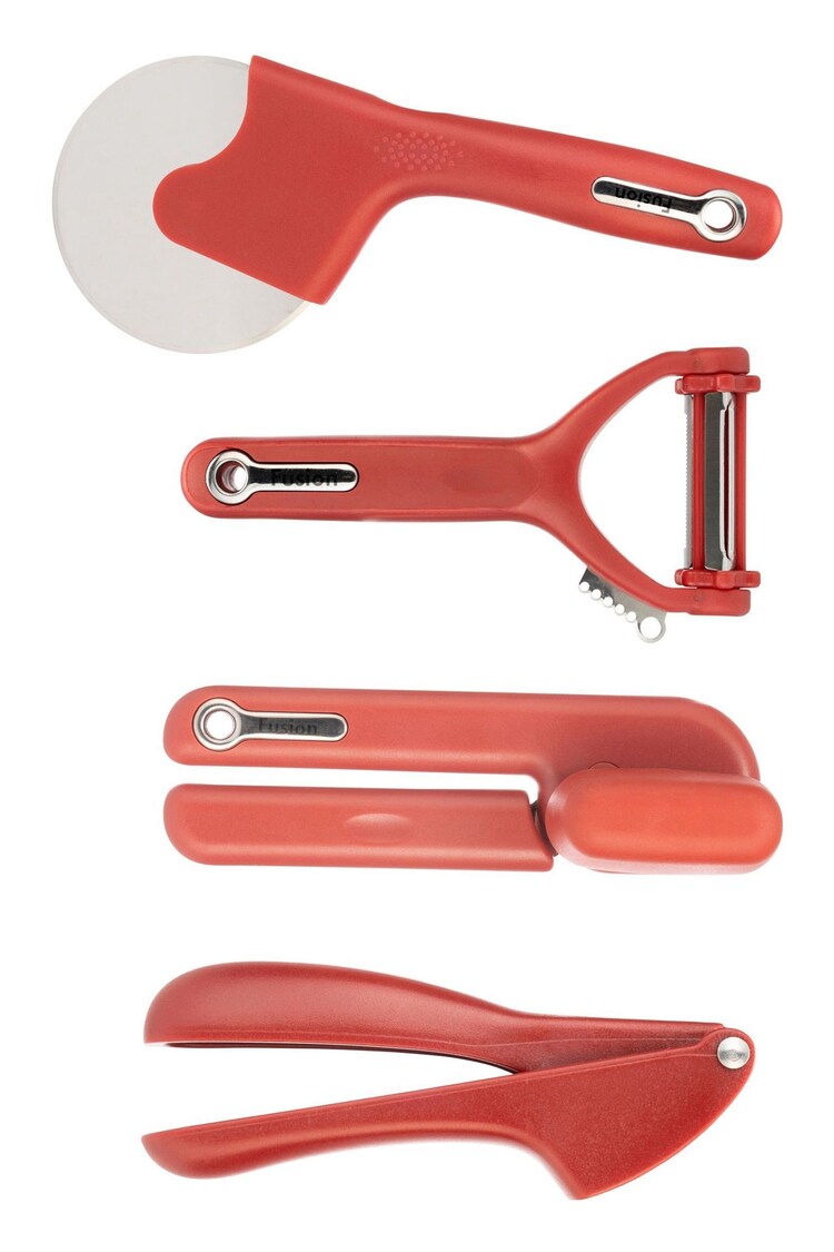 Fusion Red Set of 4 Can Opener, Multi Peeler, Pizza Cutter and Garlic Press - Image 1 of 1