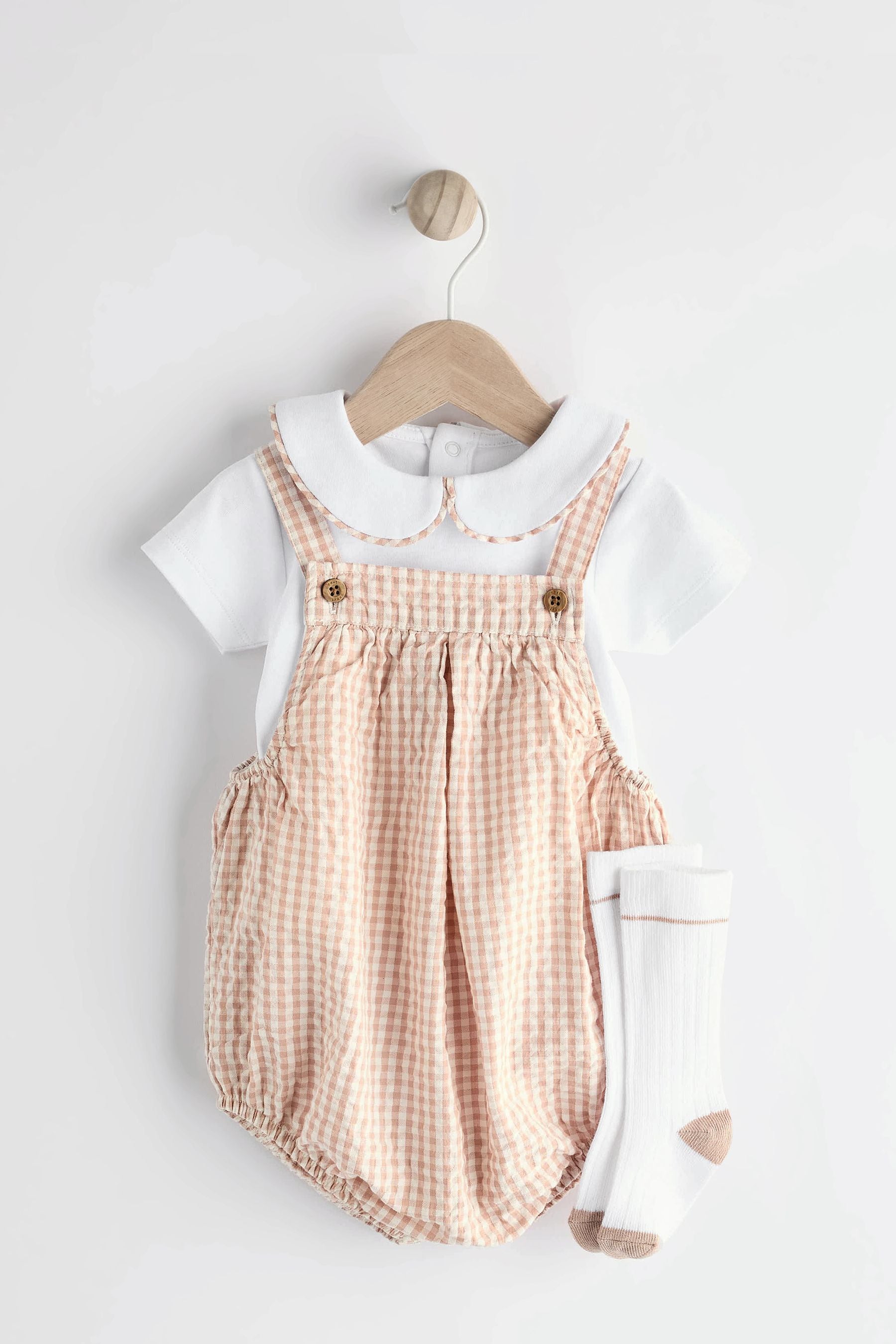 Buy Neutral Gingham Woven Baby Bloomer Dungaree And Bodysuit Set (0mths ...