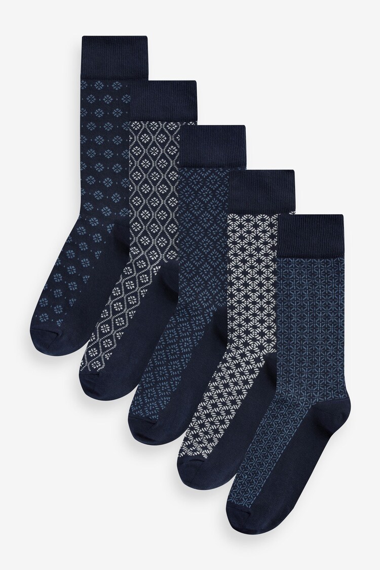 Navy Blue/White Pattern Smart Socks 5 Pack - Image 1 of 1