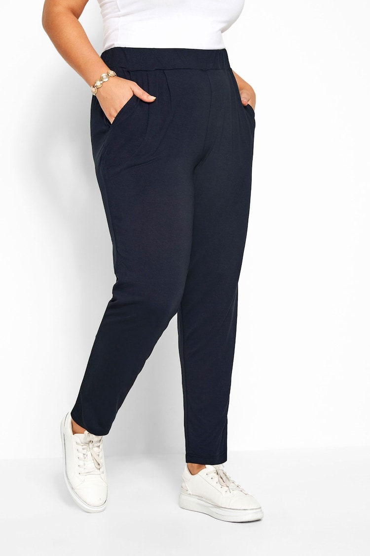 Yours Curve Blue Double Pleat Stretch Jersey Joggers - Image 1 of 1