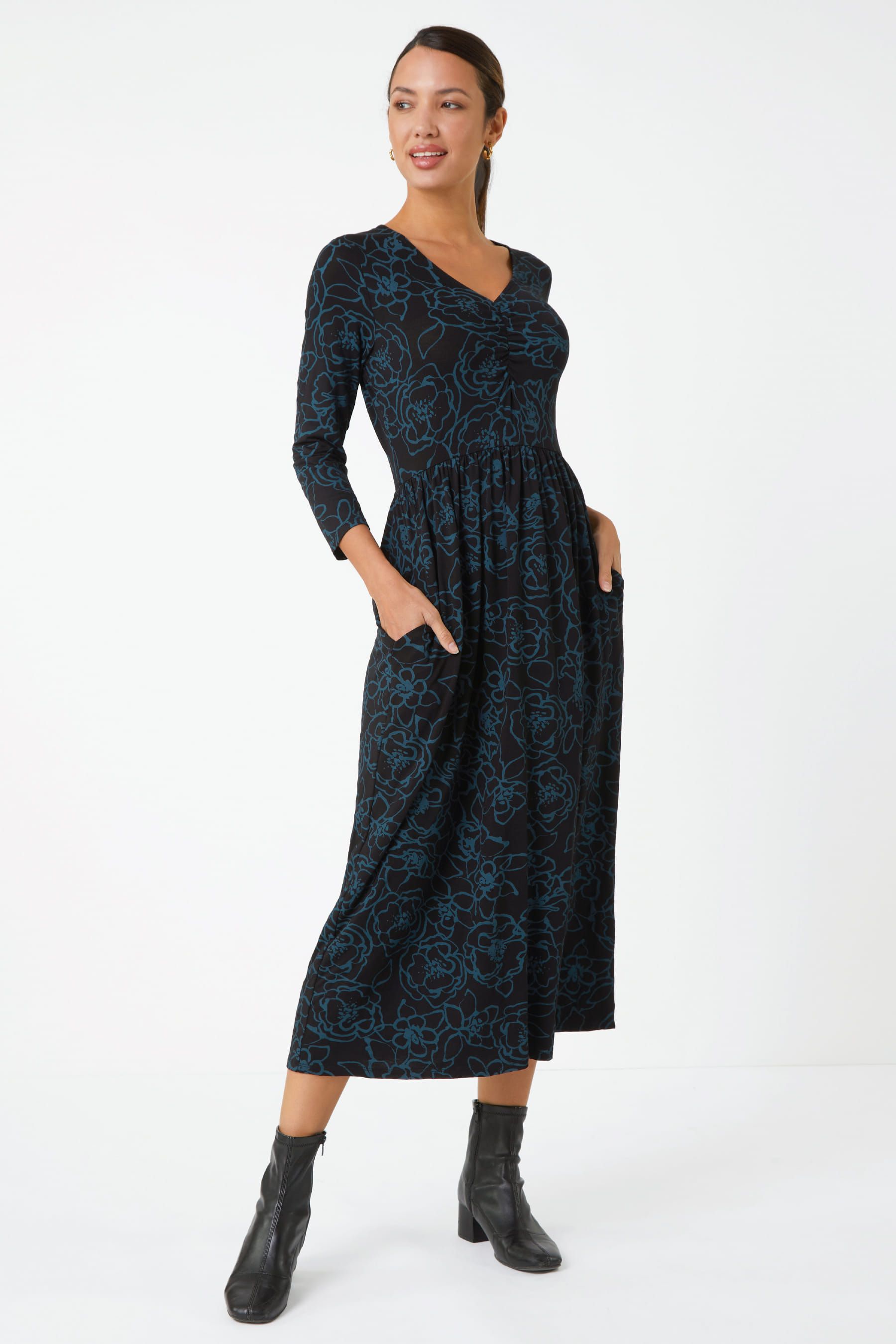 Buy Roman Blue Floral Pocket Strecth Midi Dress from the Next UK online ...