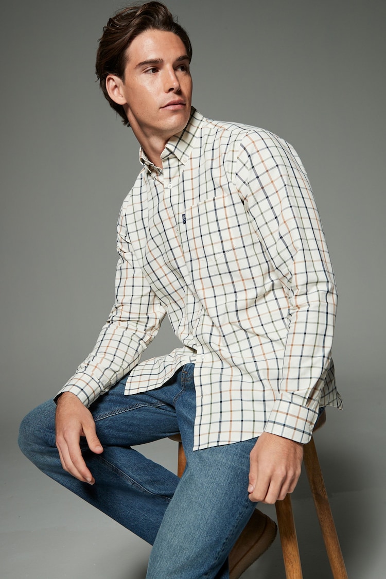 Ecru Cream Tattersall Check Regular Fit Easy Iron Button Down Oxford Shirt - Image 1 of 1