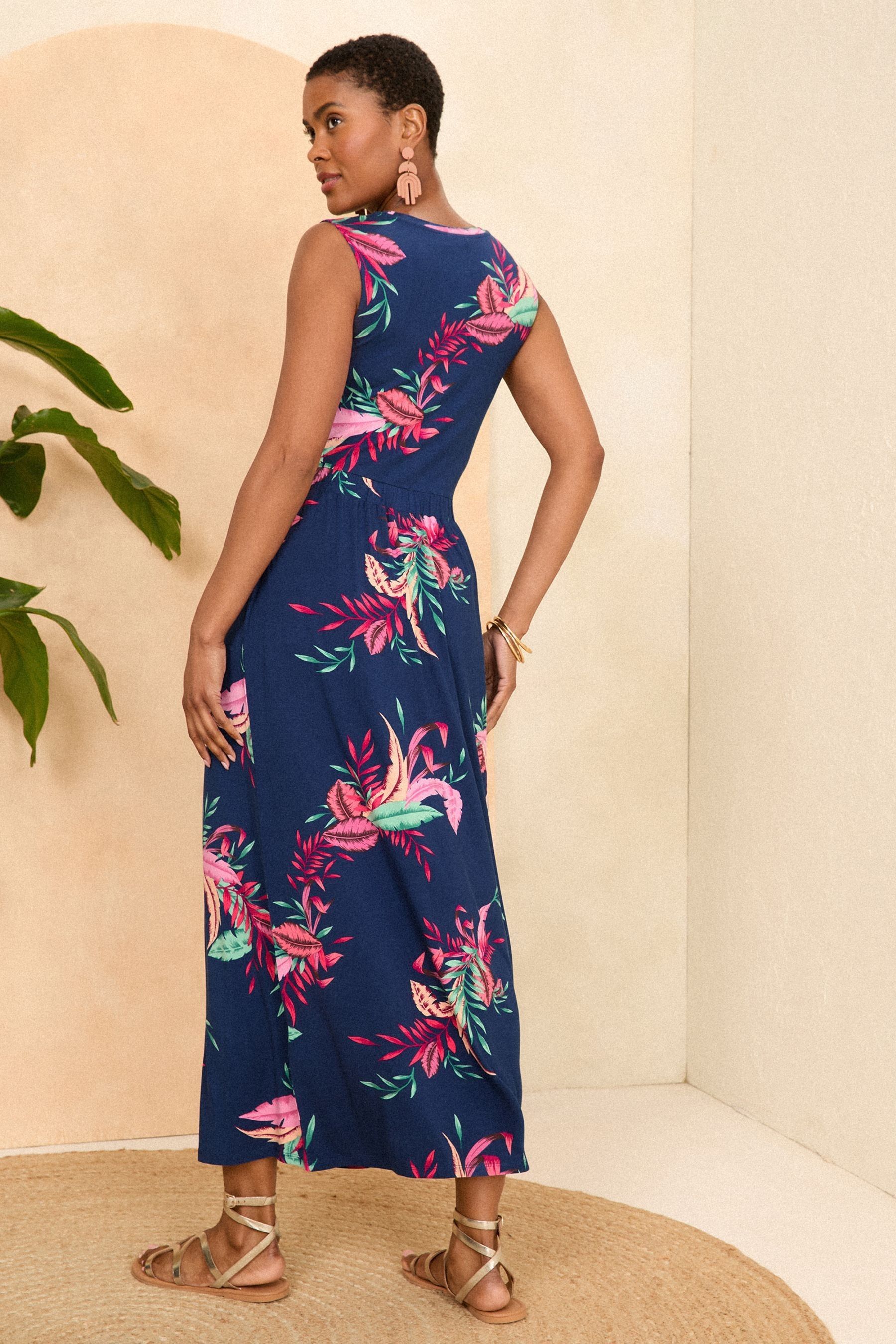 Love & Roses Navy Blue Tropical Knot Front Jersey Sleevless Midi Dress