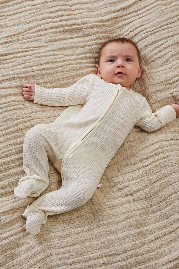 MORI Cotton and Bamboo Ecru Waffle Zip-Up Sleepsuit - Image 1 of 1