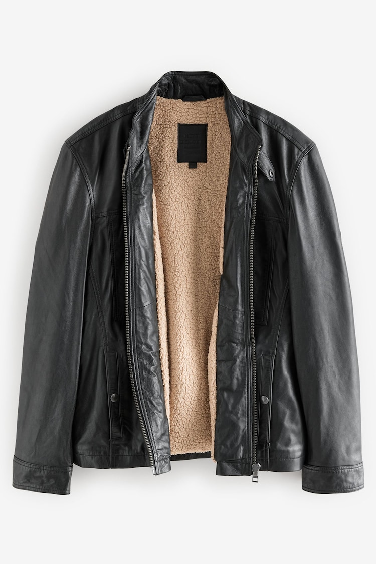Black Leather Signature Utility Borg Lined Jacket - Image 1 of 1
