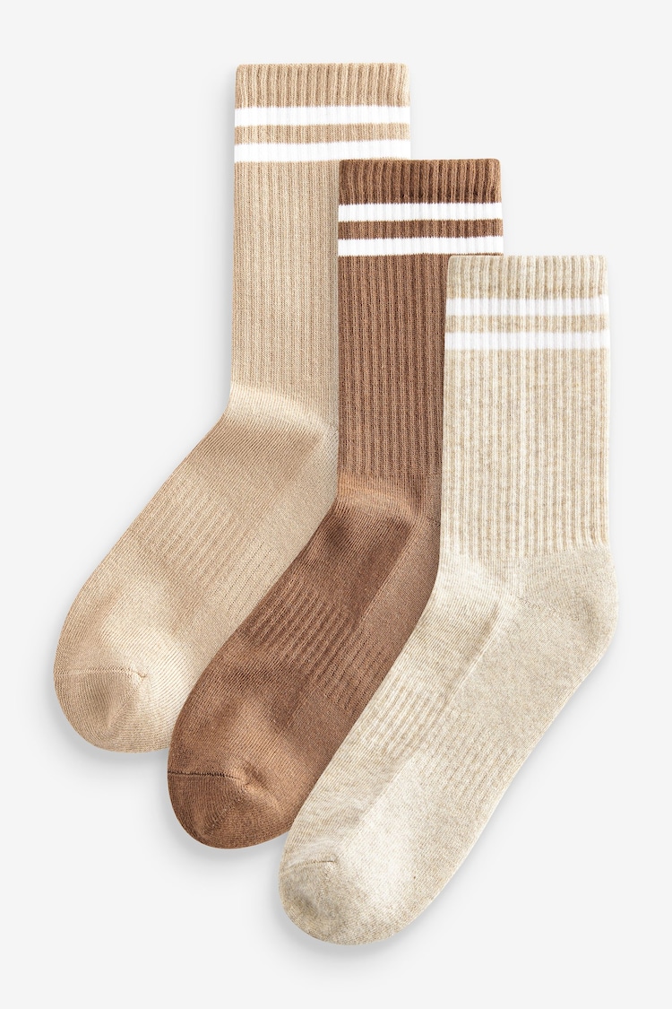 Neutral/White Stripe Cushion Sole Ribbed Sport Ankle Socks 3 Pack With Arch Support - Image 1 of 1