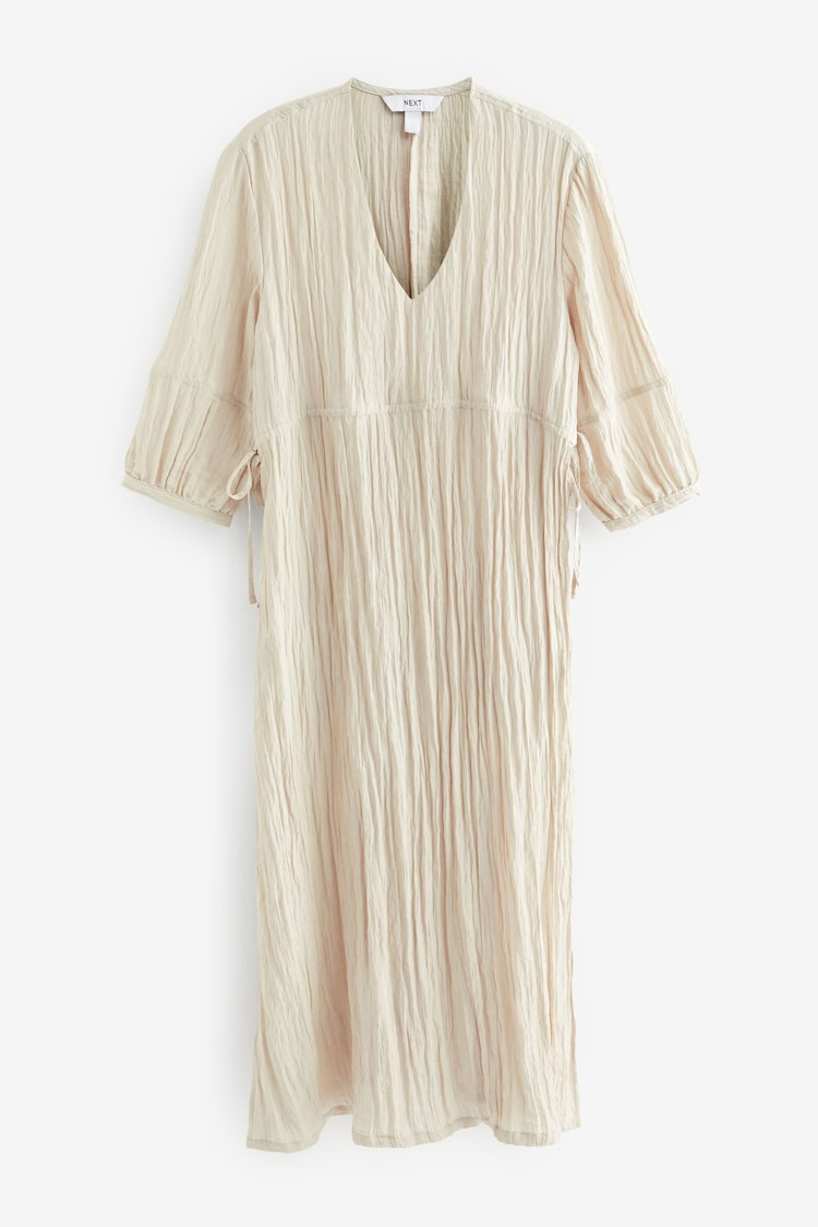 Neutral Textured Tie-Waist Printed Midi Dress - Image 1 of 1