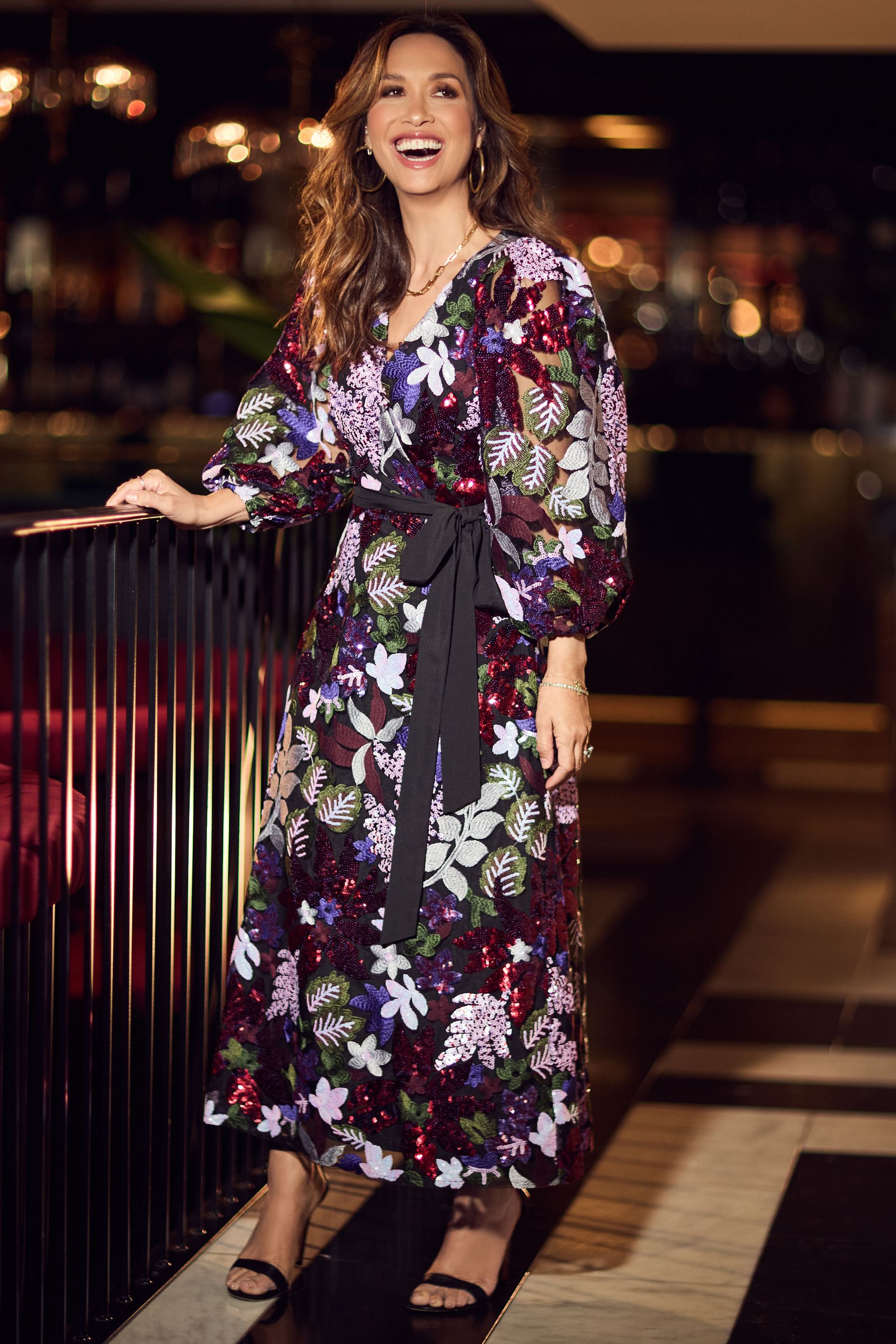 Buy Myleene Klass Floral Sequin Embellished Wrap Black Dress from Next ...