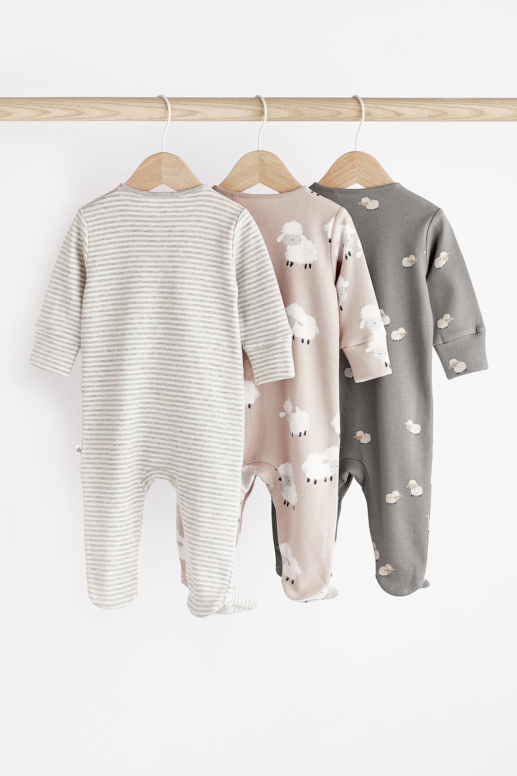 Buy Grey Sheep Baby Delicate Appliqué Sleepsuits 3 Pack (0-2yrs) from ...